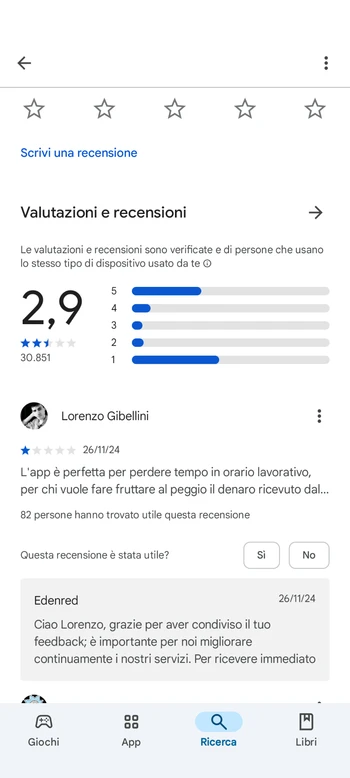 Reviews from the Google Store of the Edenred app