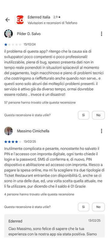 Reviews from the Google Store of the Edenred app