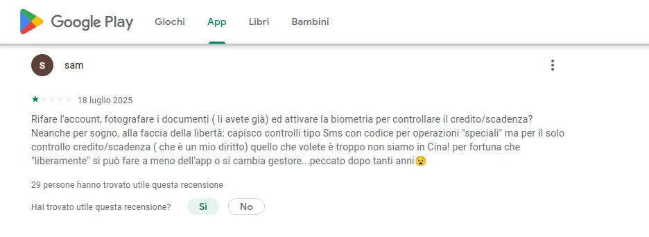 Google Play Store review of My Vodafone Italy